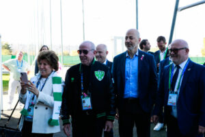 Judy TANENBAUM and Larry TANENBAUM of Kilmer Sports and Ivan GAZIDIS President of Saint Etienne during the Women's Arkema Premiere Ligue match between Saint-Etienne and Dijon at Stade Salif Keita on October 19, 2024 in Saint-Etienne, France.
